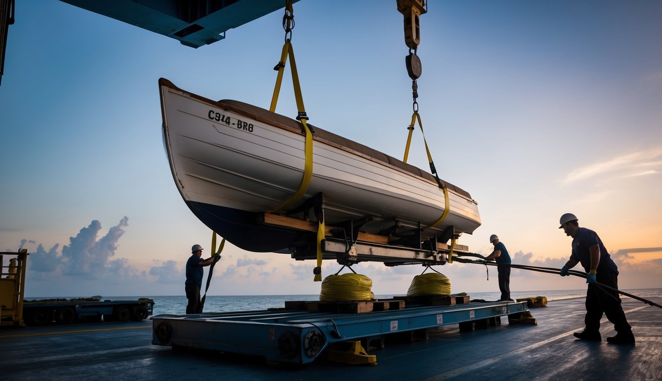 A dinghy being loaded onto a cargo ship, with workers securing it with proper straps and padding to prevent damage during transit
