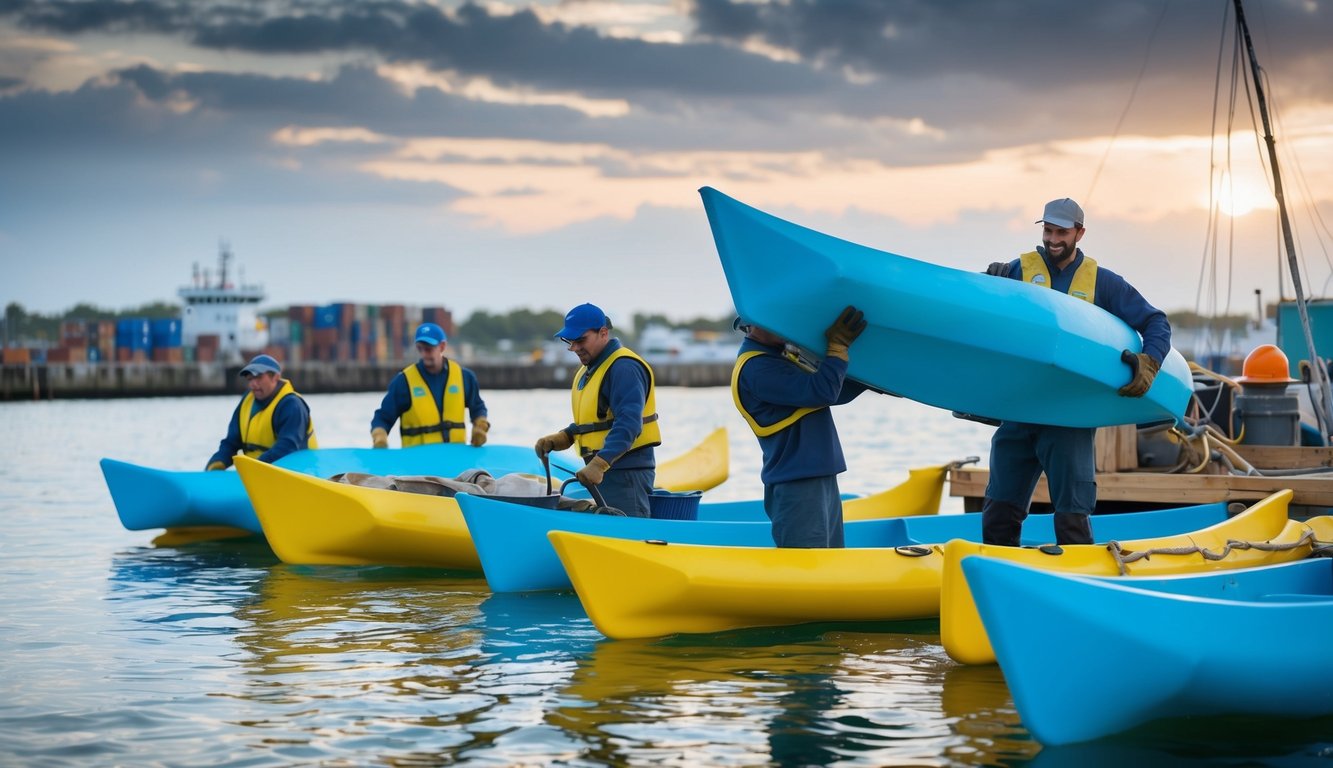 A group of workers recycling fiberglass dinghies in a waterfront setting, using eco-friendly methods for shipping