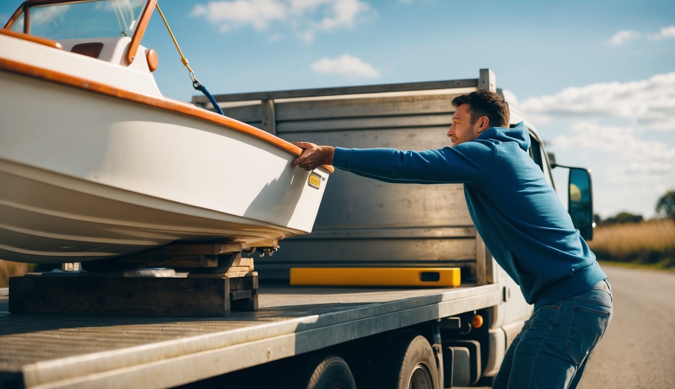 A person attempting to load a small dinghy onto a large truck bed, struggling with the awkward size and weight of the boat