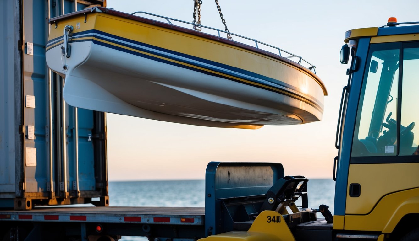 A dinghy being hoisted onto a shipping truck at a steep angle, causing it to teeter precariously