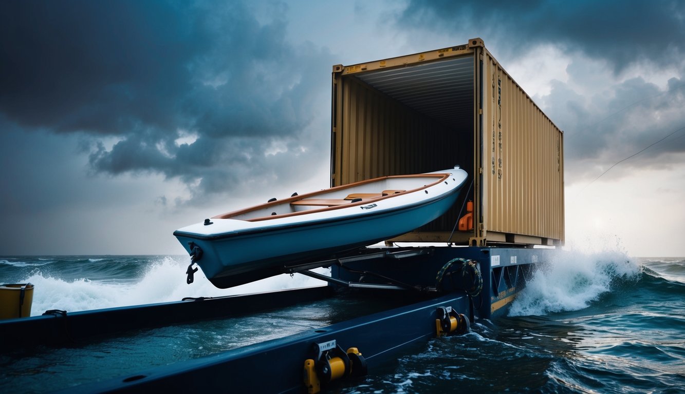 A dinghy being loaded onto a shipping container in a storm, with waves crashing against the dock and strong winds blowing