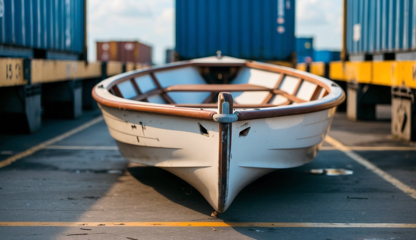 A dinghy sits on a shipping dock, with visible signs of damage such as dents, scratches, and tears in the fabric