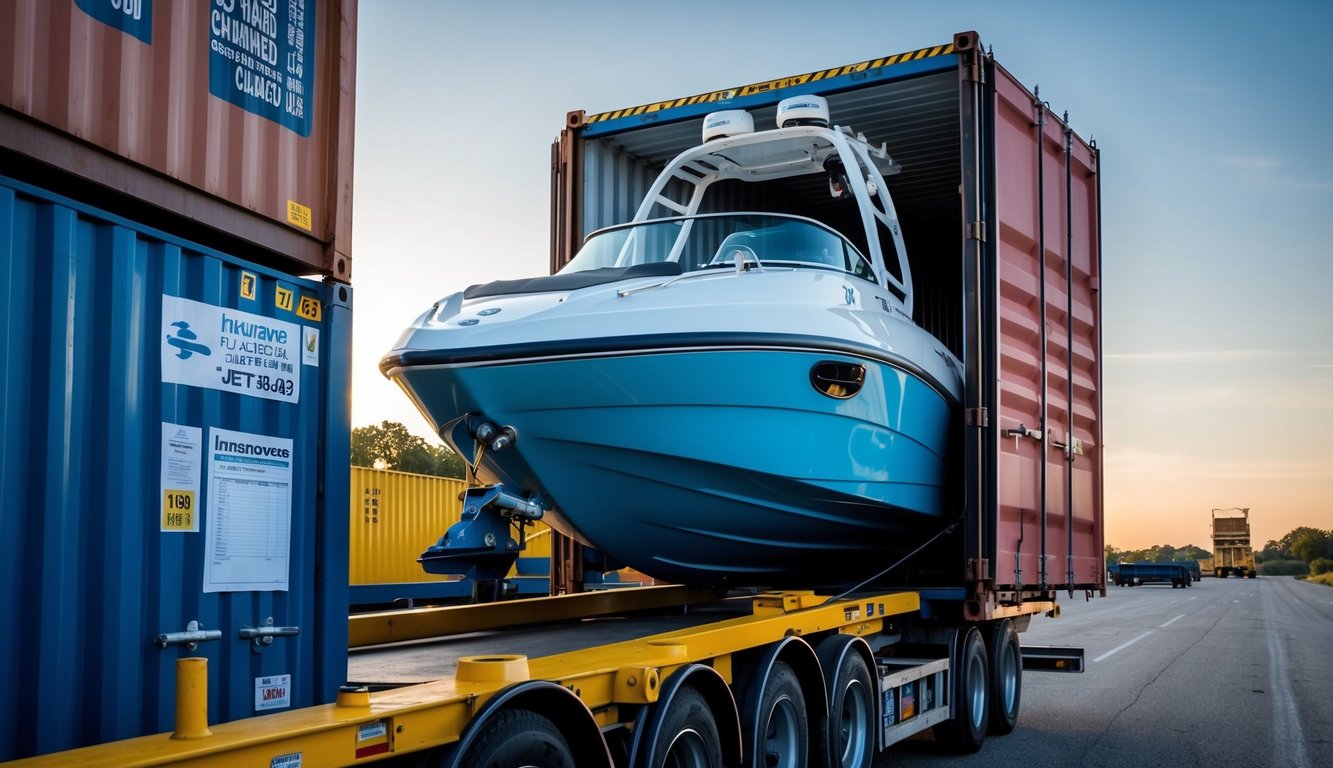 A jet boat being loaded onto a shipping container, with insurance paperwork and coverage details visible in the background