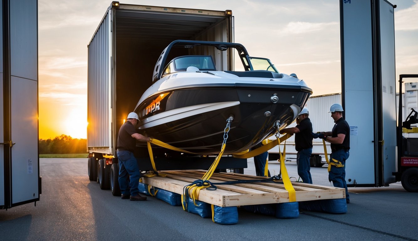 A jet boat being carefully loaded onto a shipping crate, with workers securing it with straps and padding to protect it during transit