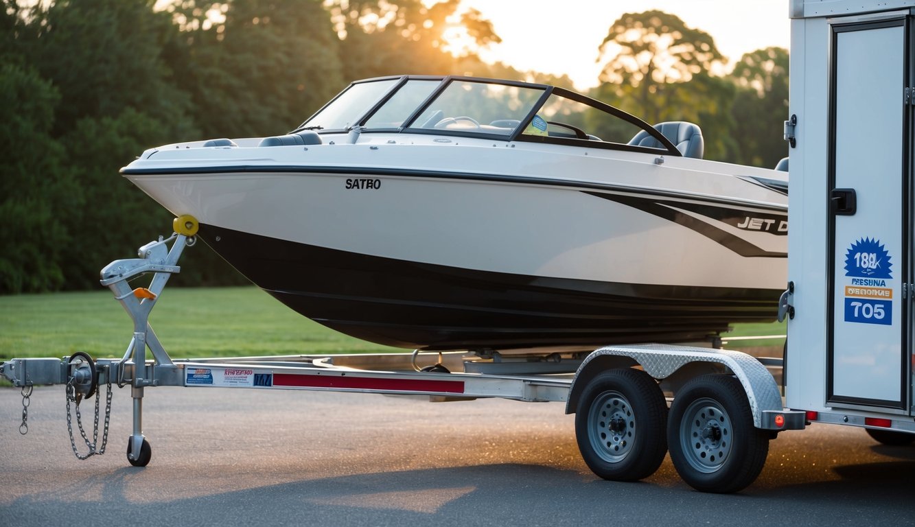 A jet boat being loaded onto a secure, enclosed trailer with a heavy-duty lock and a prominent insurance sticker on the side