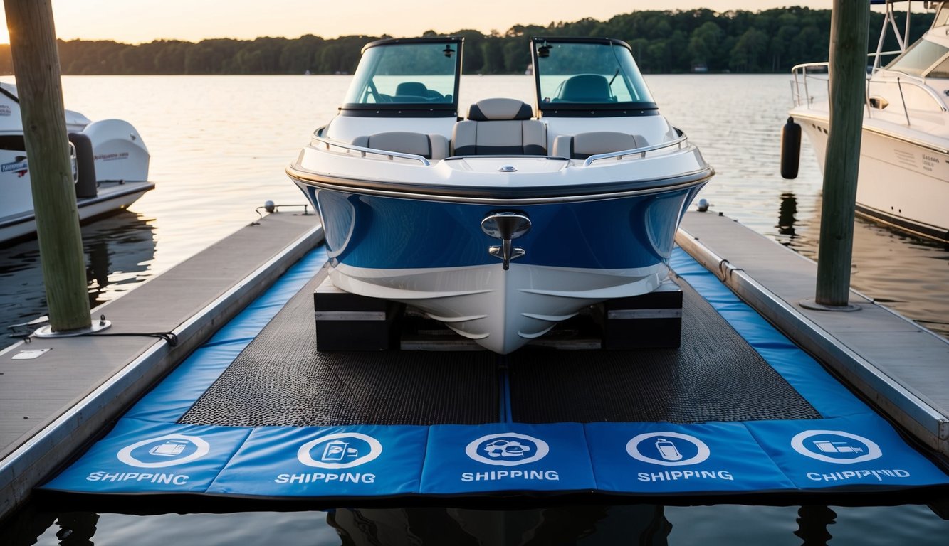 A jet boat docked at a marina, with a spill containment mat underneath to catch any accidental fuel spills. The boat is surrounded by insurance logos and symbols representing coverage for shipping