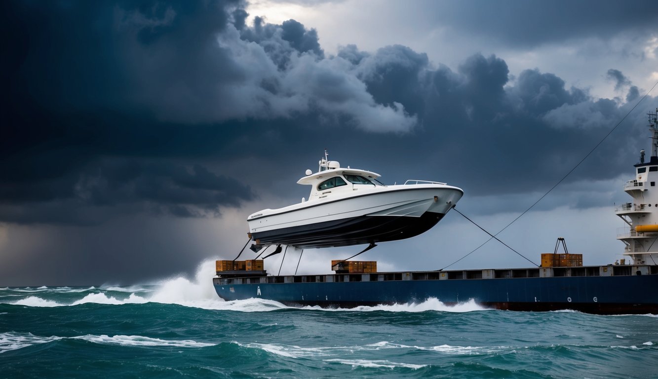 A jet boat being loaded onto a cargo ship during a storm, with dark clouds and rough waves in the background