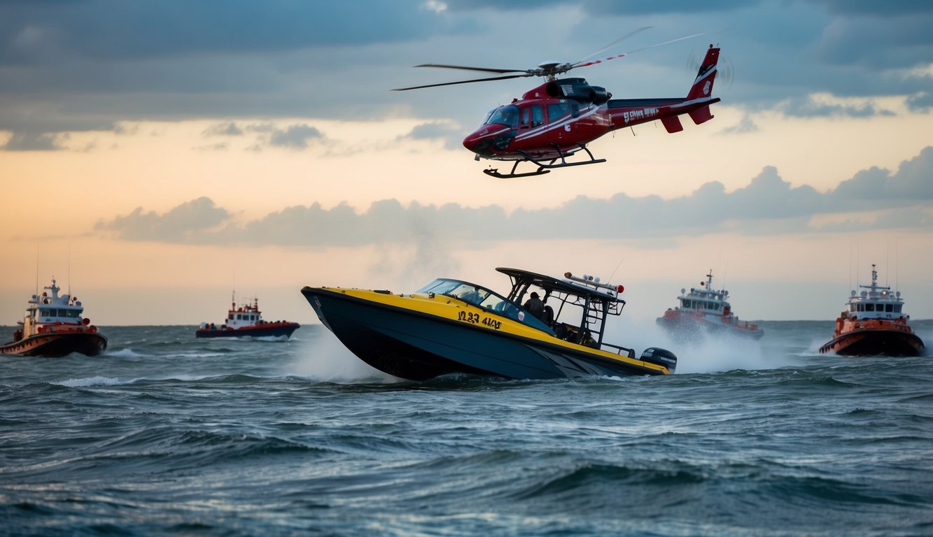A jet boat sinking in rough waters, surrounded by rescue boats and a helicopter overhead