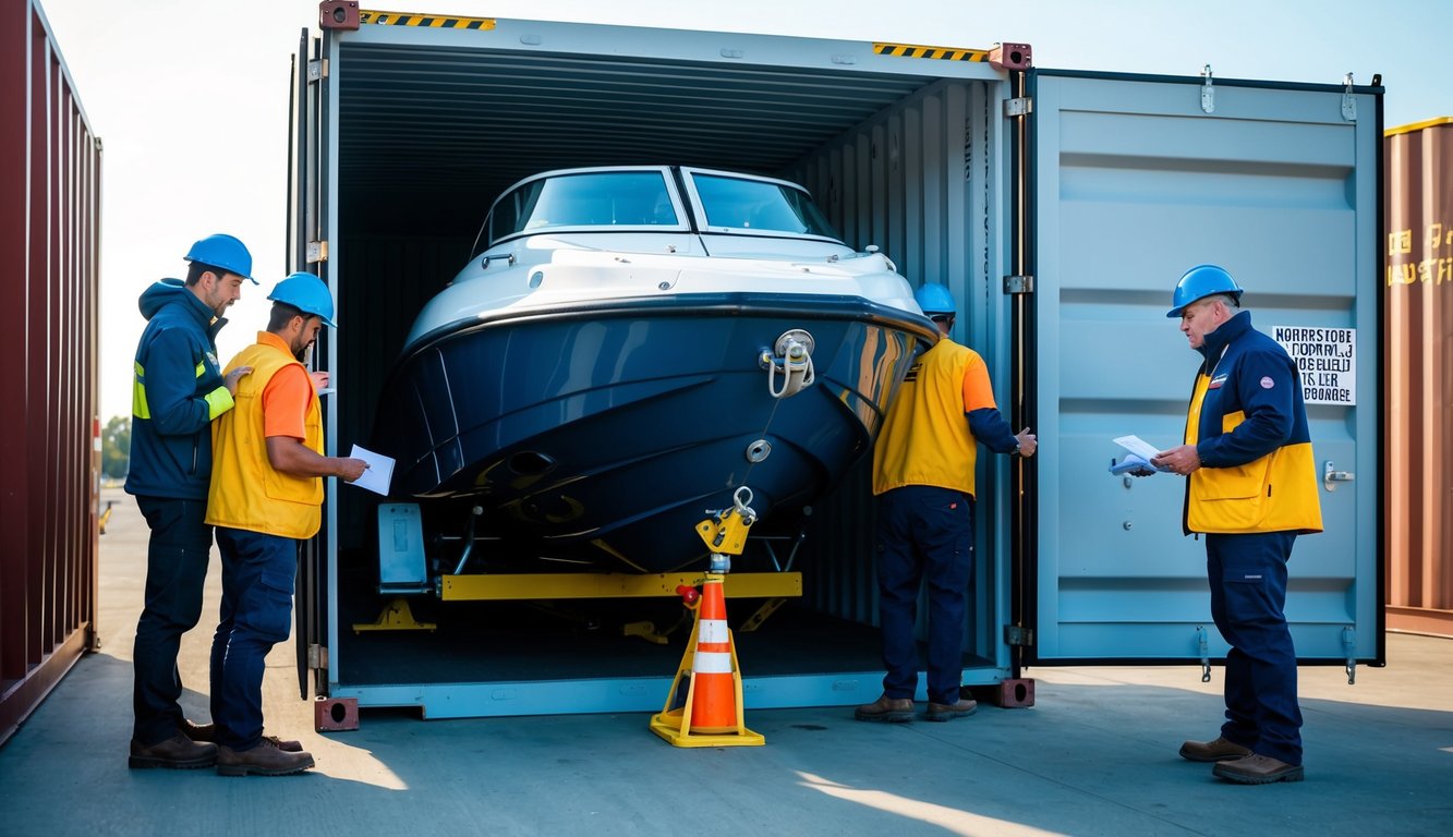 A jet boat secured inside a shipping container, with workers inspecting and labeling it for insurance coverage