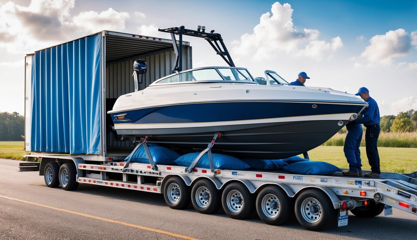 A jet boat being carefully loaded onto a sturdy transport trailer, with workers securing it in place using heavy-duty straps and padding to prevent any damage during shipping