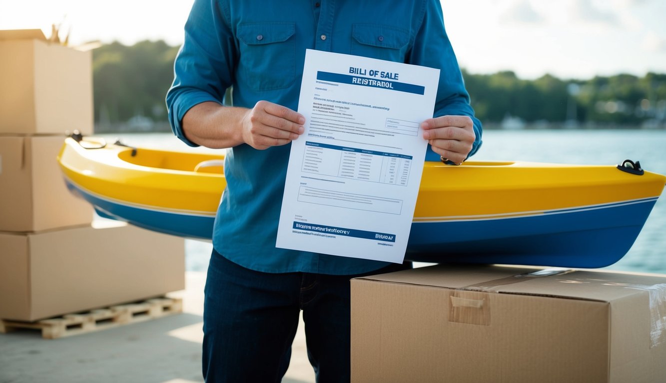 A person holding a bill of sale and registration documents for a dinghy, standing next to a shipping box and packing materials