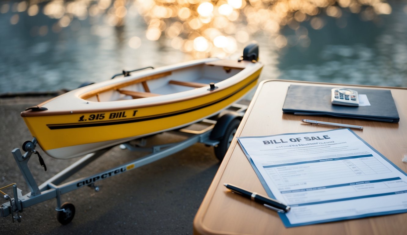A dinghy on a trailer with a bill of sale and other paperwork laid out on a table next to it