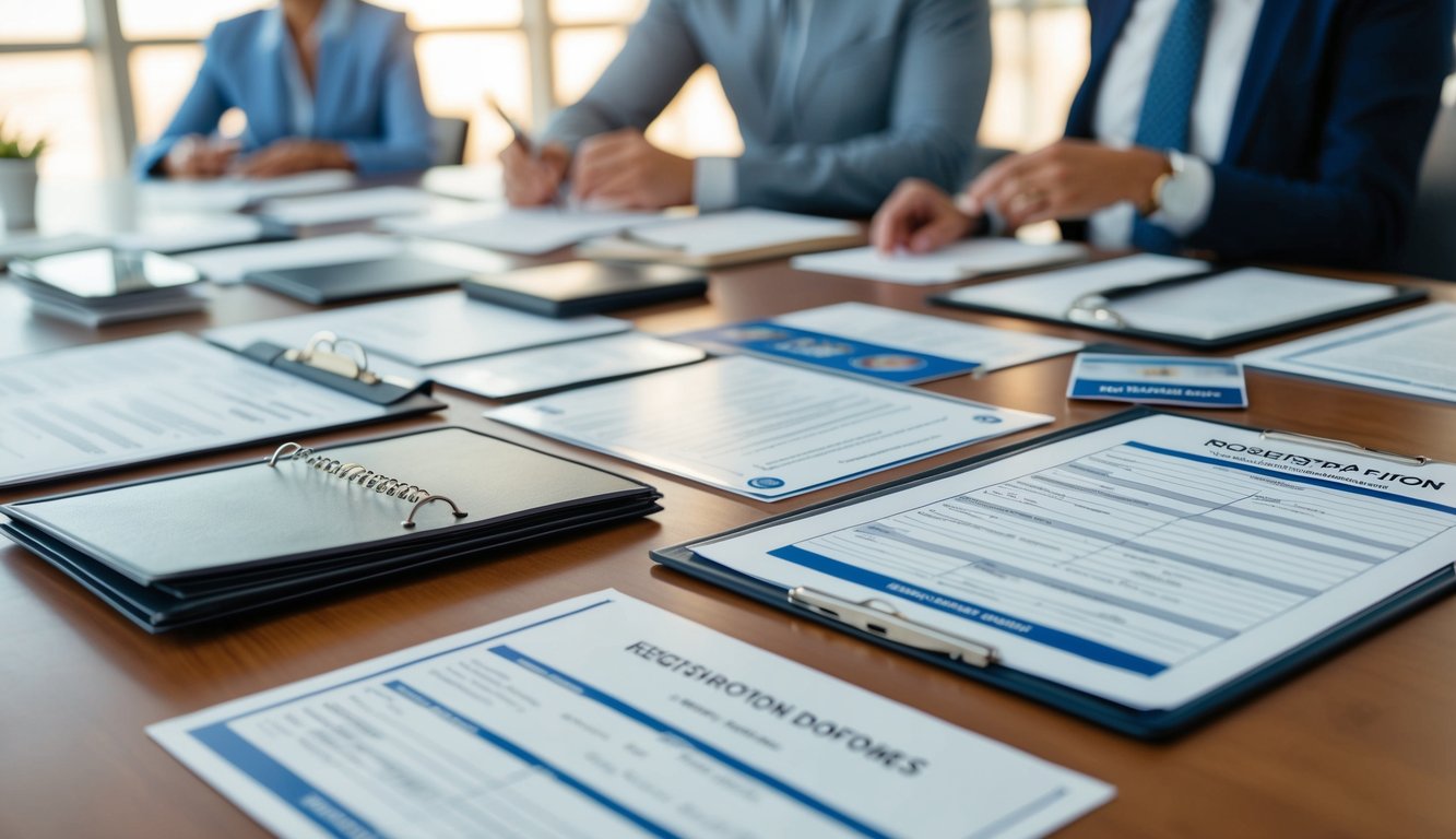 A table with a variety of registration documents and paperwork spread out, including forms, certificates, and identification cards