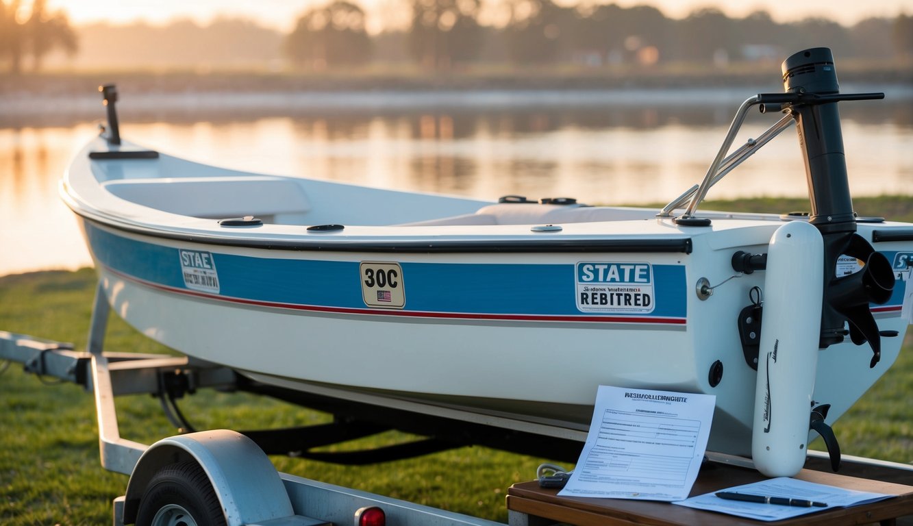 A dinghy sits on a trailer, with state registration stickers displayed prominently. Nearby are paperwork, including registration and bill of sale