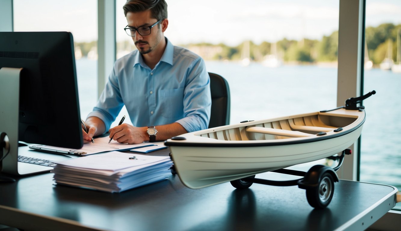 A person filling out paperwork at a desk with a computer and stack of documents, next to a small dinghy sitting on a trailer