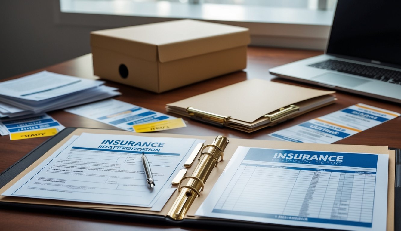 An open file folder with insurance forms, boat registration, and shipping labels spread out on a desk