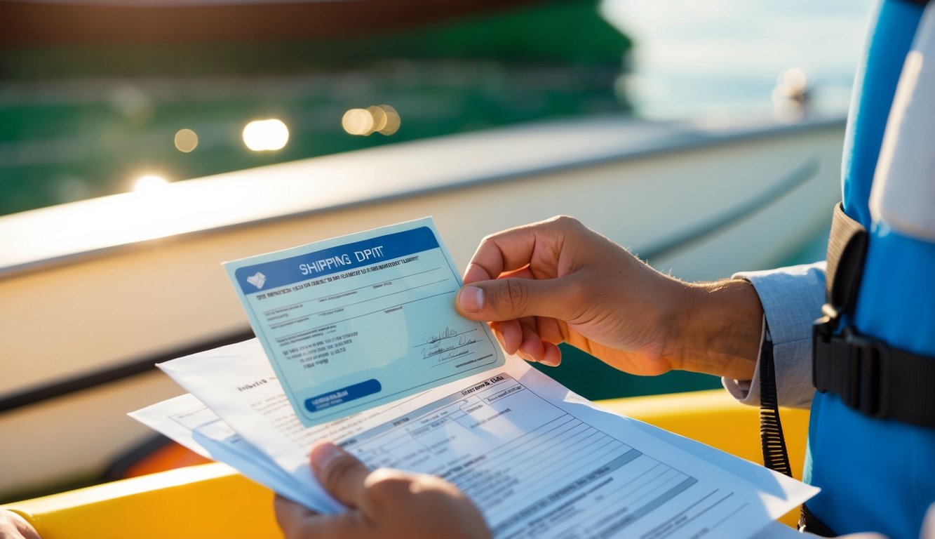 A person holding a valid identification document and paperwork for shipping a dinghy