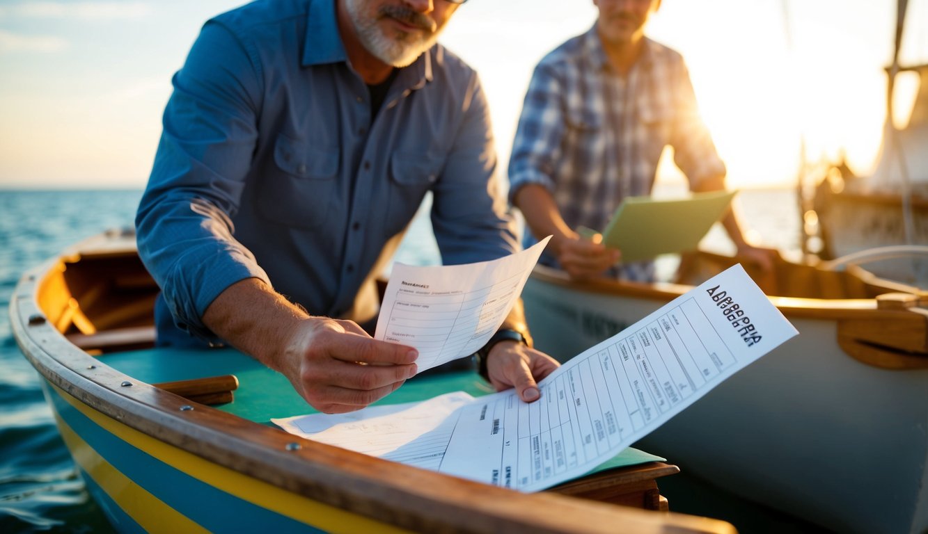 A person gathers local tax receipts and paperwork to ship a dinghy