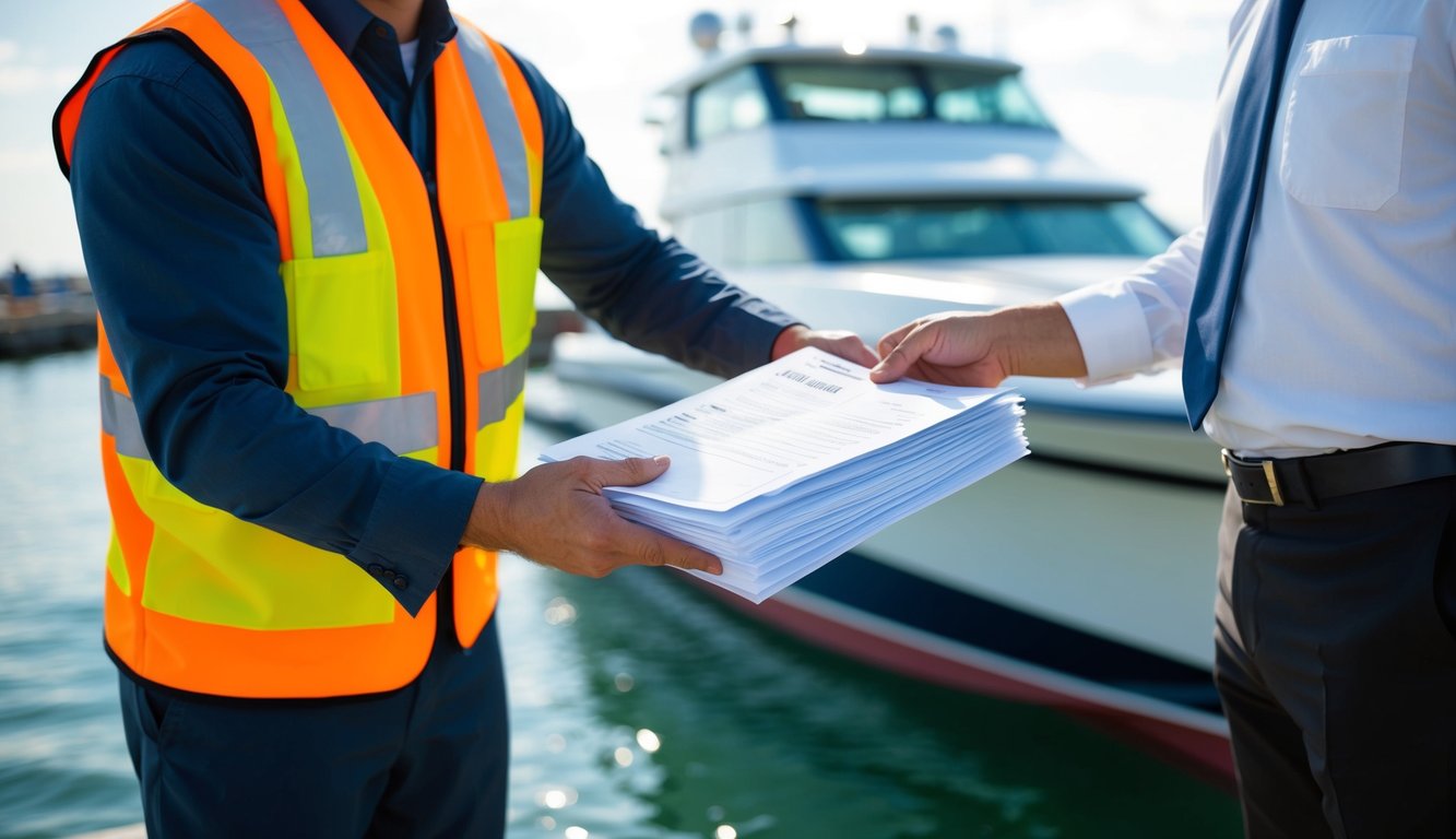 A dock worker hands over a stack of paperwork to a shipping agent, including a bill of lading for a sleek jet boat