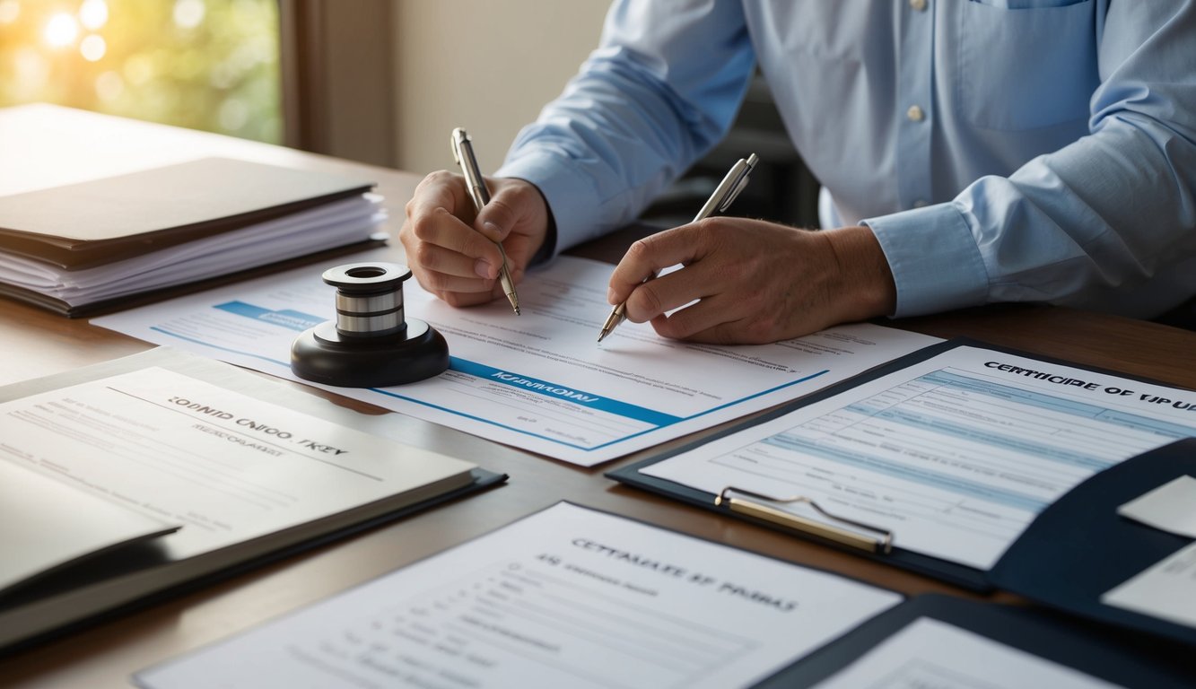 A person preparing paperwork for shipping a jet boat, with certificate of title, forms, and documents spread out on a desk