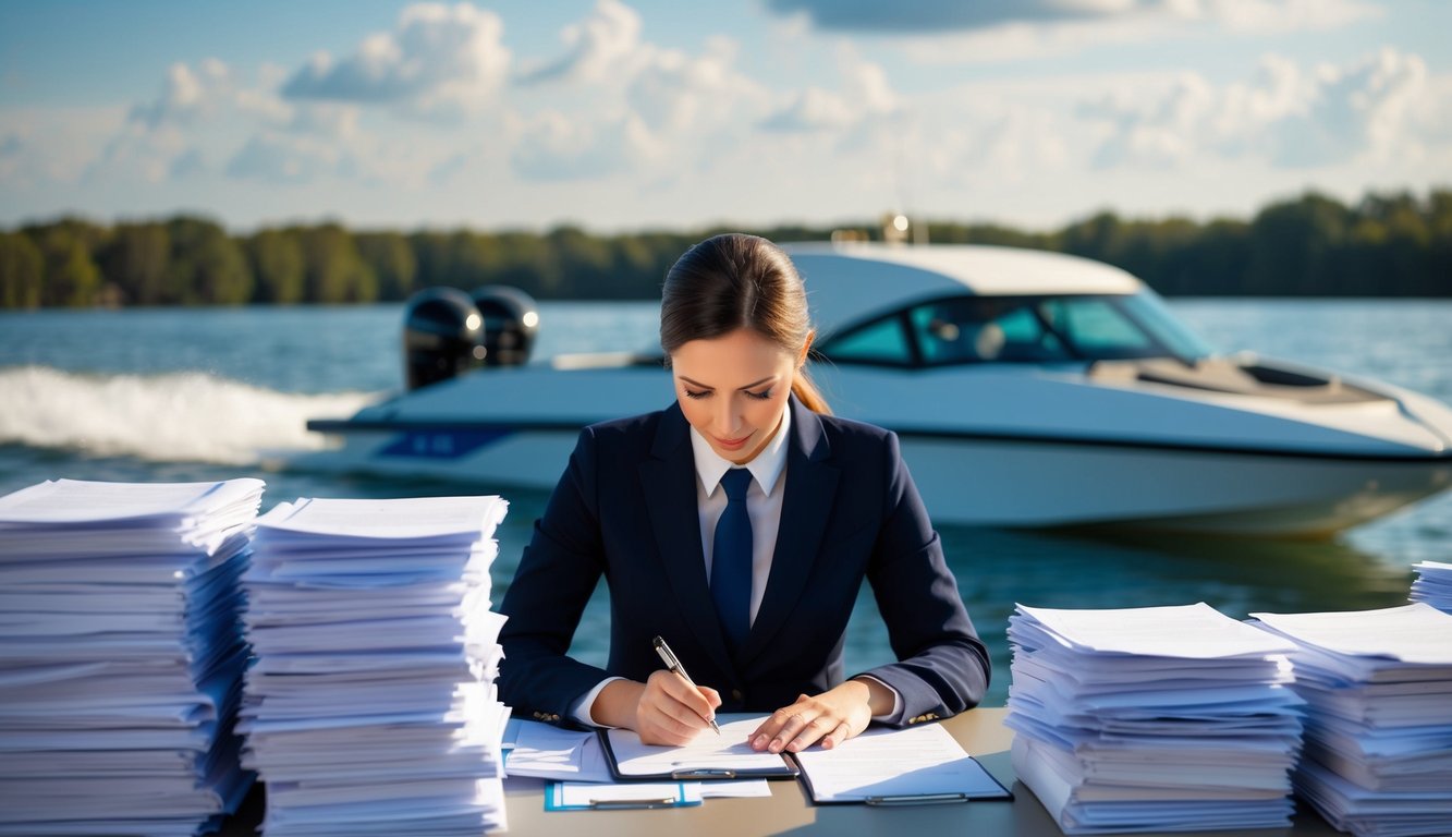 A person filling out forms at a desk, surrounded by stacks of paperwork, with a jet boat in the background