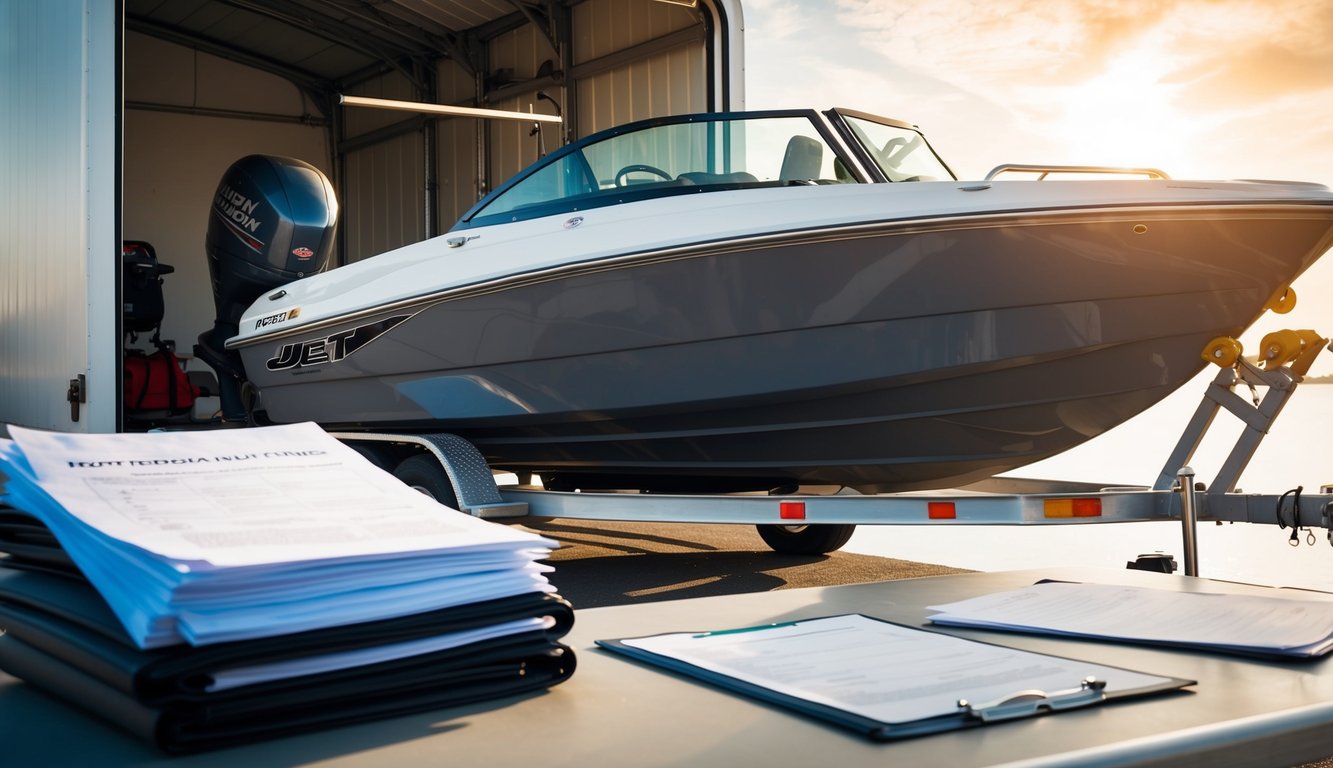A jet boat being loaded onto a trailer with a stack of paperwork and forms on a nearby table