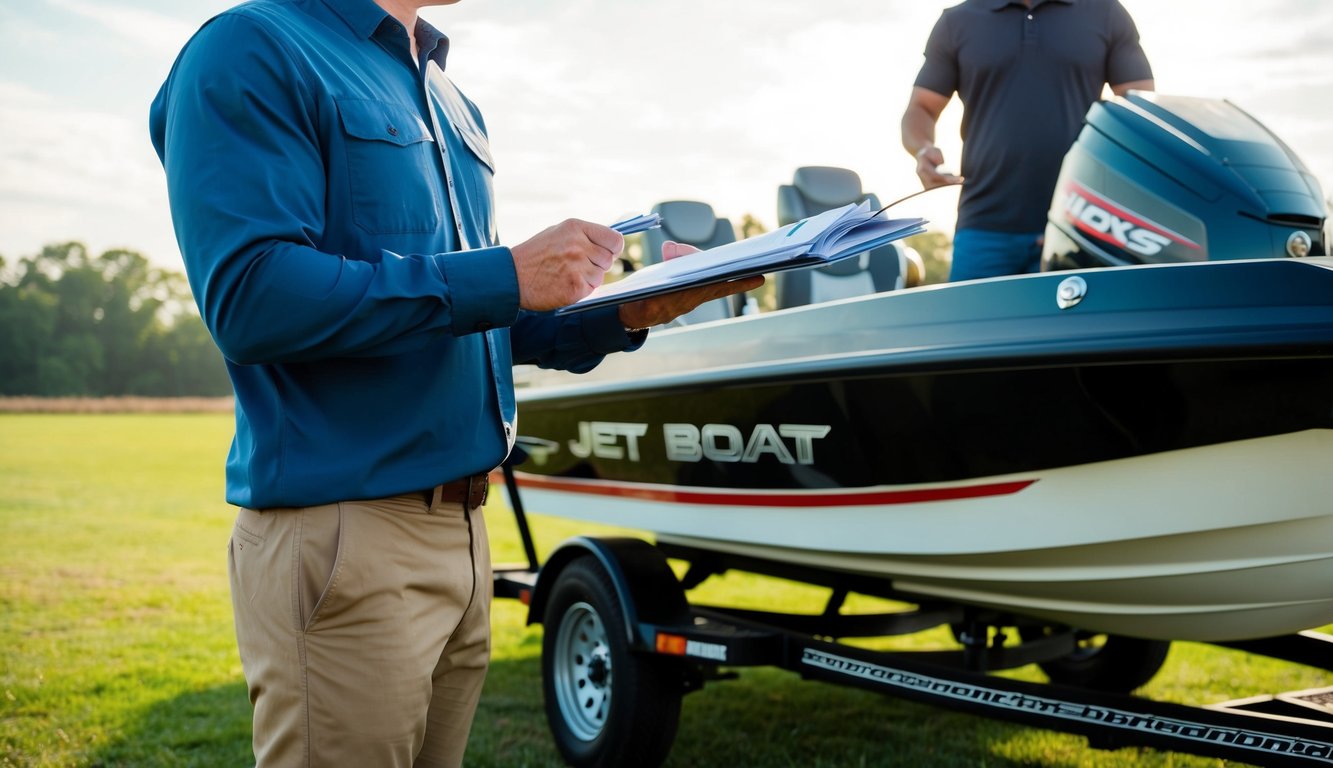 A person holding a folder of paperwork standing next to a jet boat on a trailer. The person is handing the paperwork to another individual