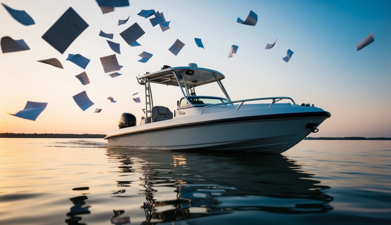 A jet boat floating on calm water, surrounded by paperwork flying away in the wind