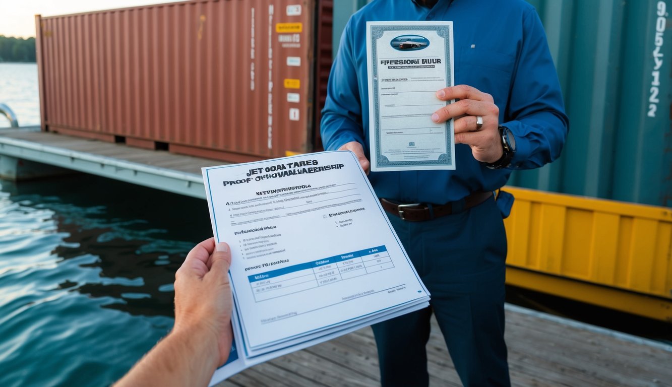 A person holding a jet boat title, registration, and proof of ownership documents next to a shipping container and a dock