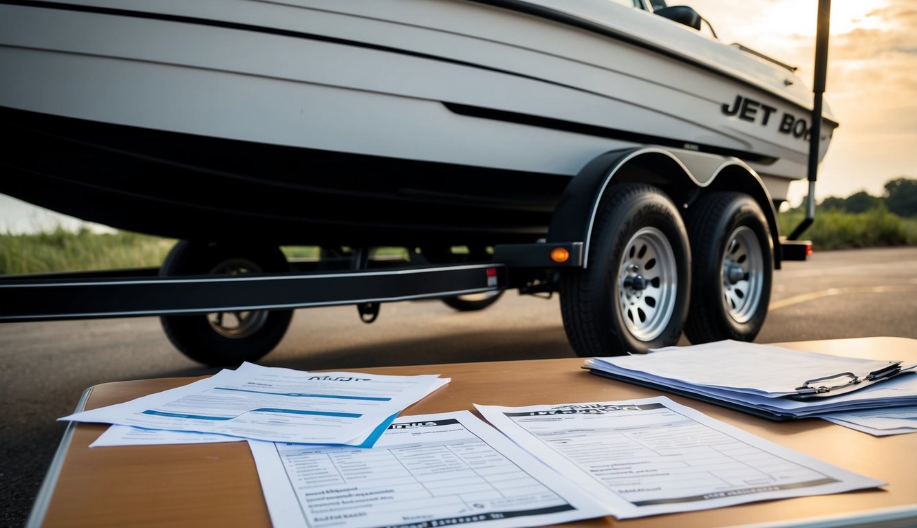 A trailer with a jet boat attached, VIN visible. Paperwork scattered on a nearby table - title, registration, and shipping documents