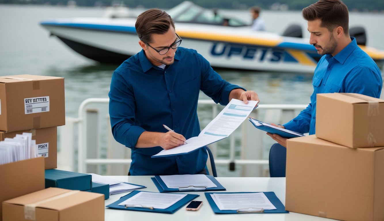 A person organizing paperwork on a desk surrounded by shipping supplies and a jet boat in the background