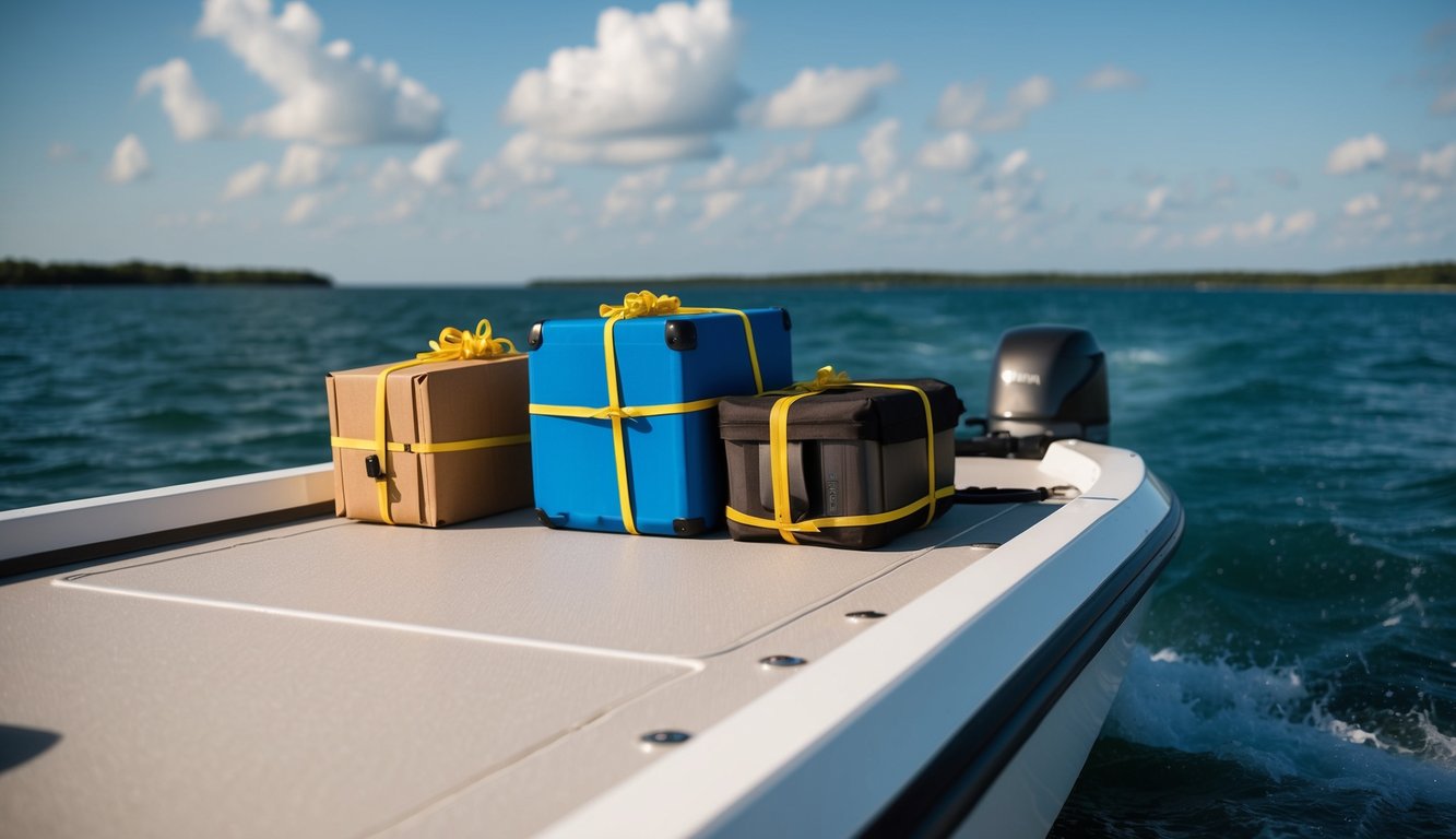 Items being tied down on a jet boat deck to prevent damage during shipping