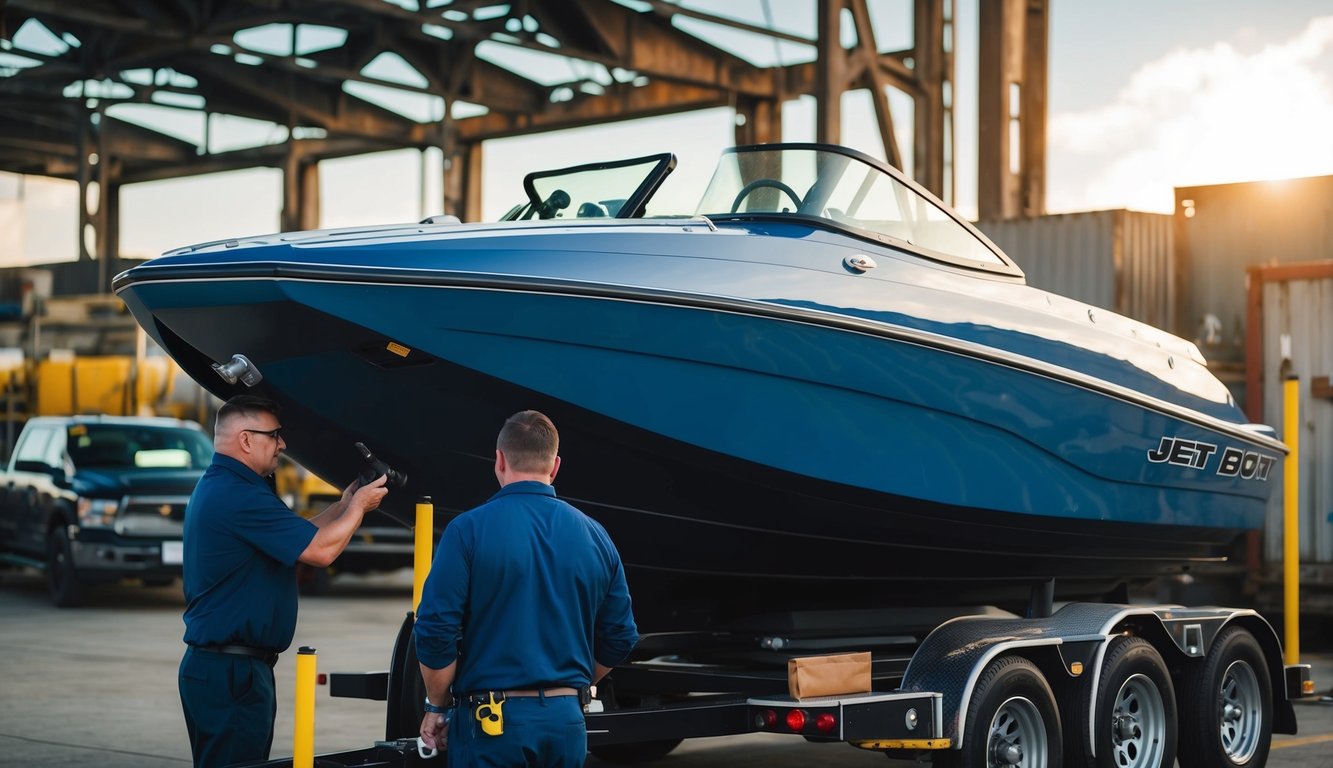 A jet boat is being carefully examined for any signs of damage before it is prepared for shipping