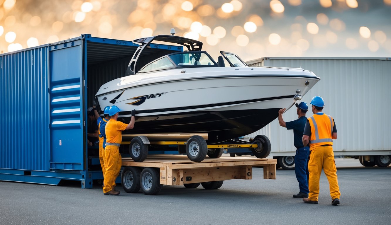 A jet boat being carefully loaded onto a shipping crate by workers at a reputable shipping company