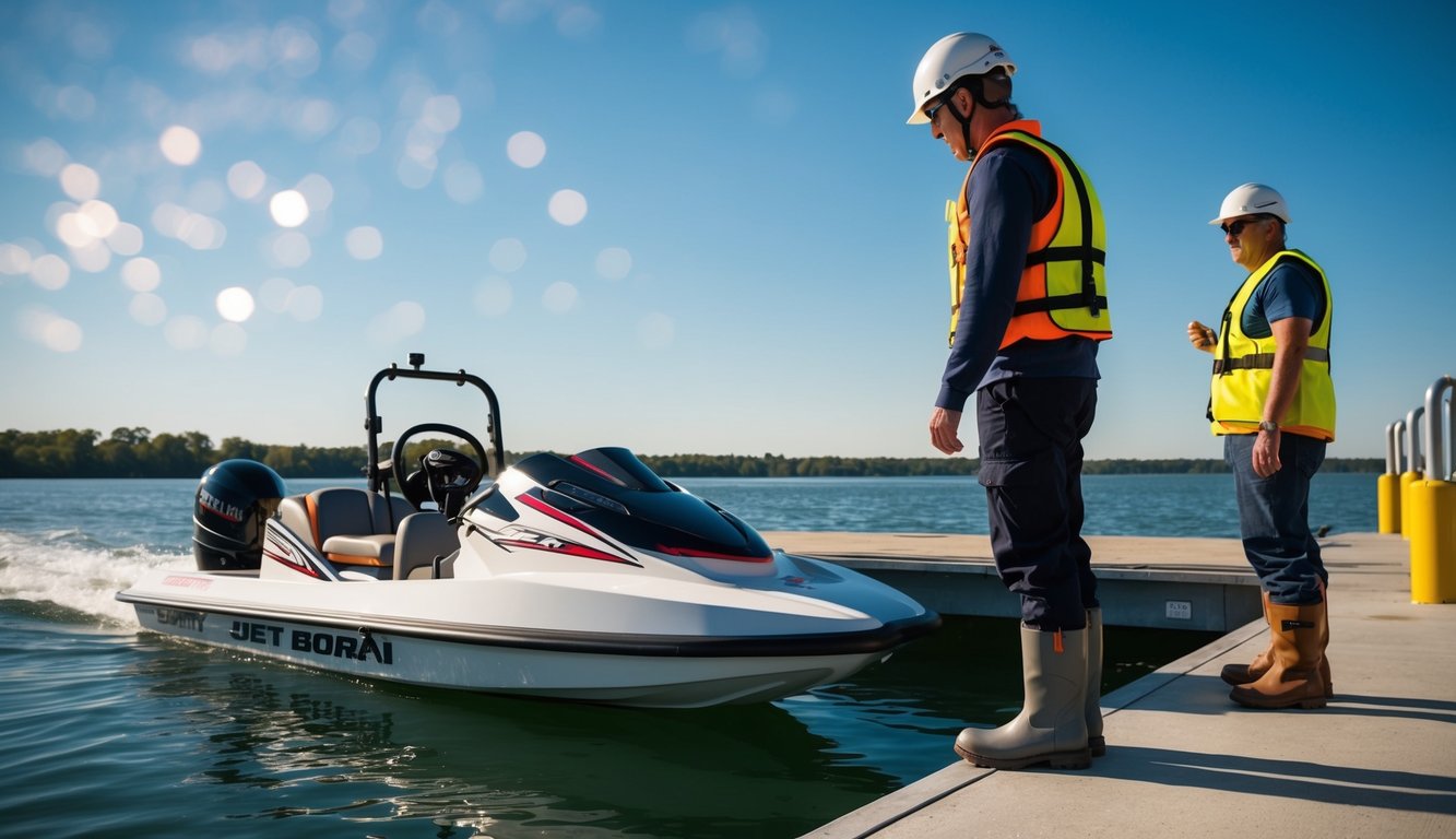 A person wearing a helmet, safety vest, and sturdy boots inspects a jet boat on a dock, while another person stands nearby, wearing inappropriate clothing