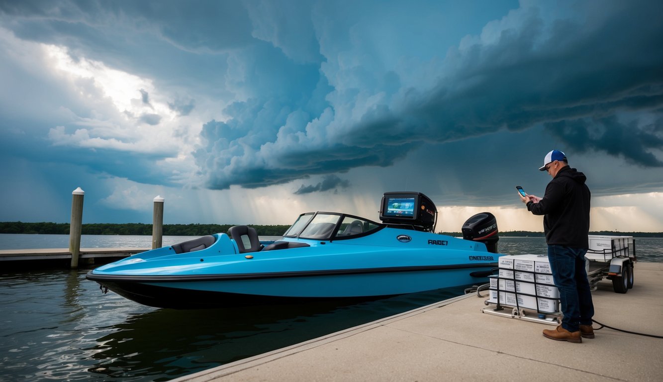 A jet boat sits on a dock, surrounded by storm clouds. A person checks a weather app on their phone before loading cargo onto the boat