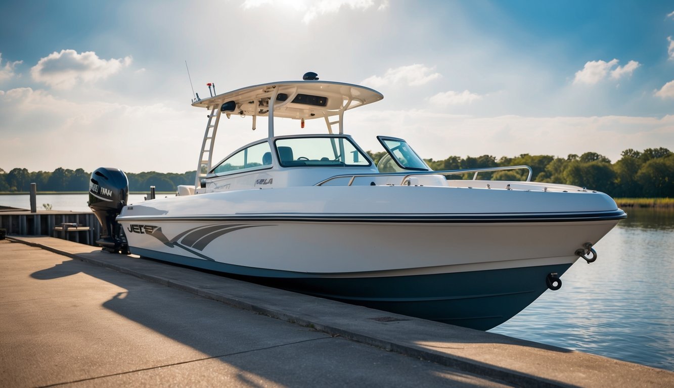 A jet boat sits on a dry dock, surrounded by a sunny and open space, with no signs of moisture or mold