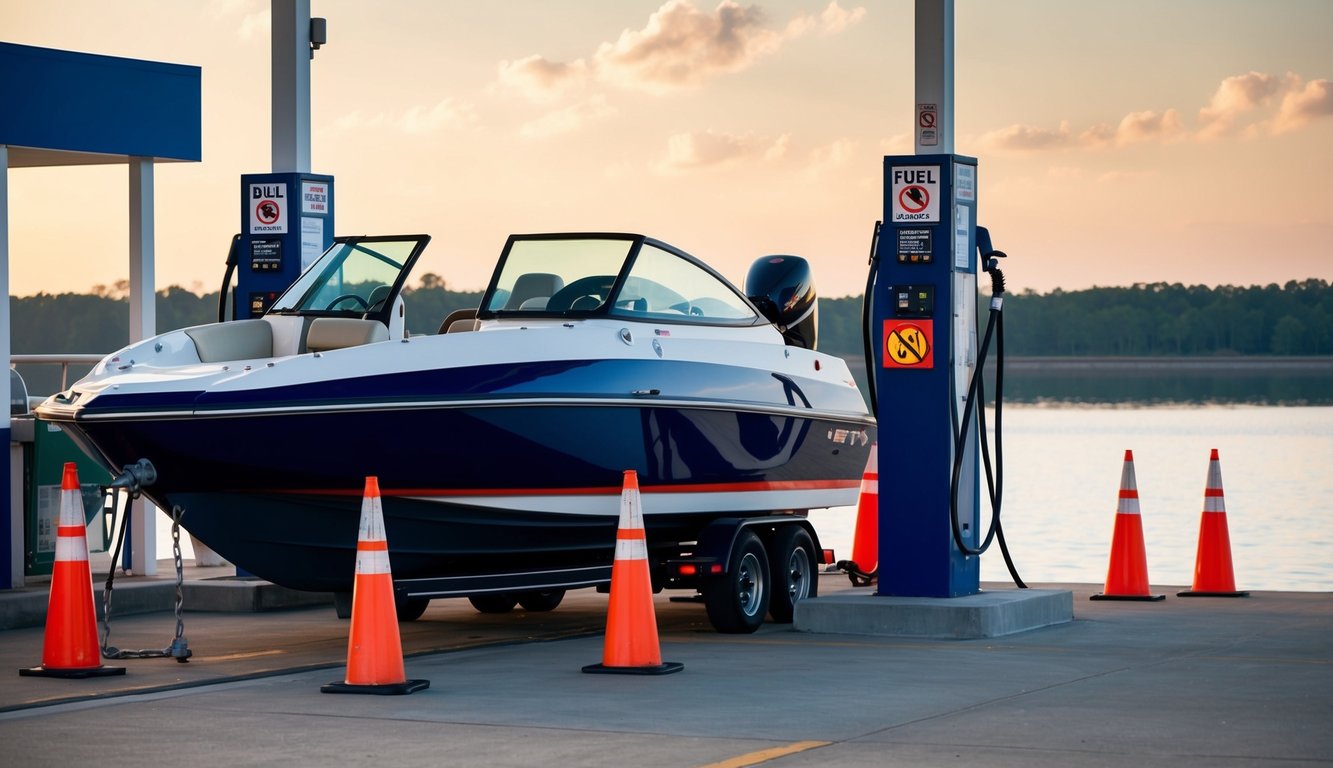 A jet boat docked at a fueling station, with a "No Fuel" sign on the pump. Safety cones and barriers surround the area