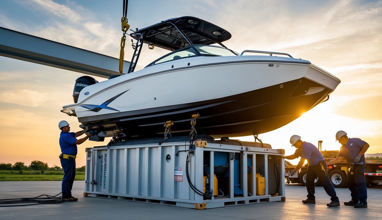 Jet boat being carefully lifted onto a shipping crate, with workers disconnecting electronics and securing it for transport