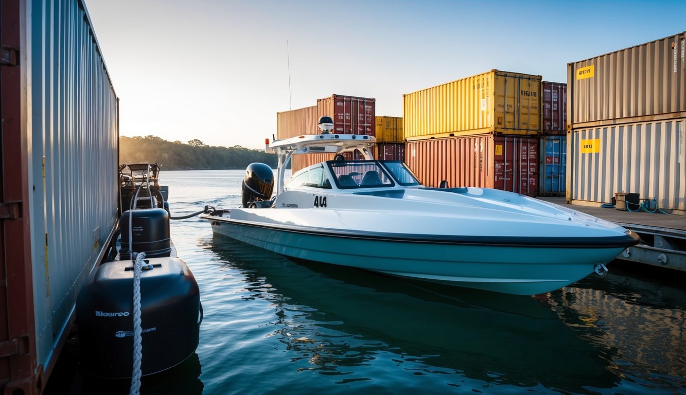 A jet boat is docked, surrounded by shipping containers and equipment. It is being photographed for records