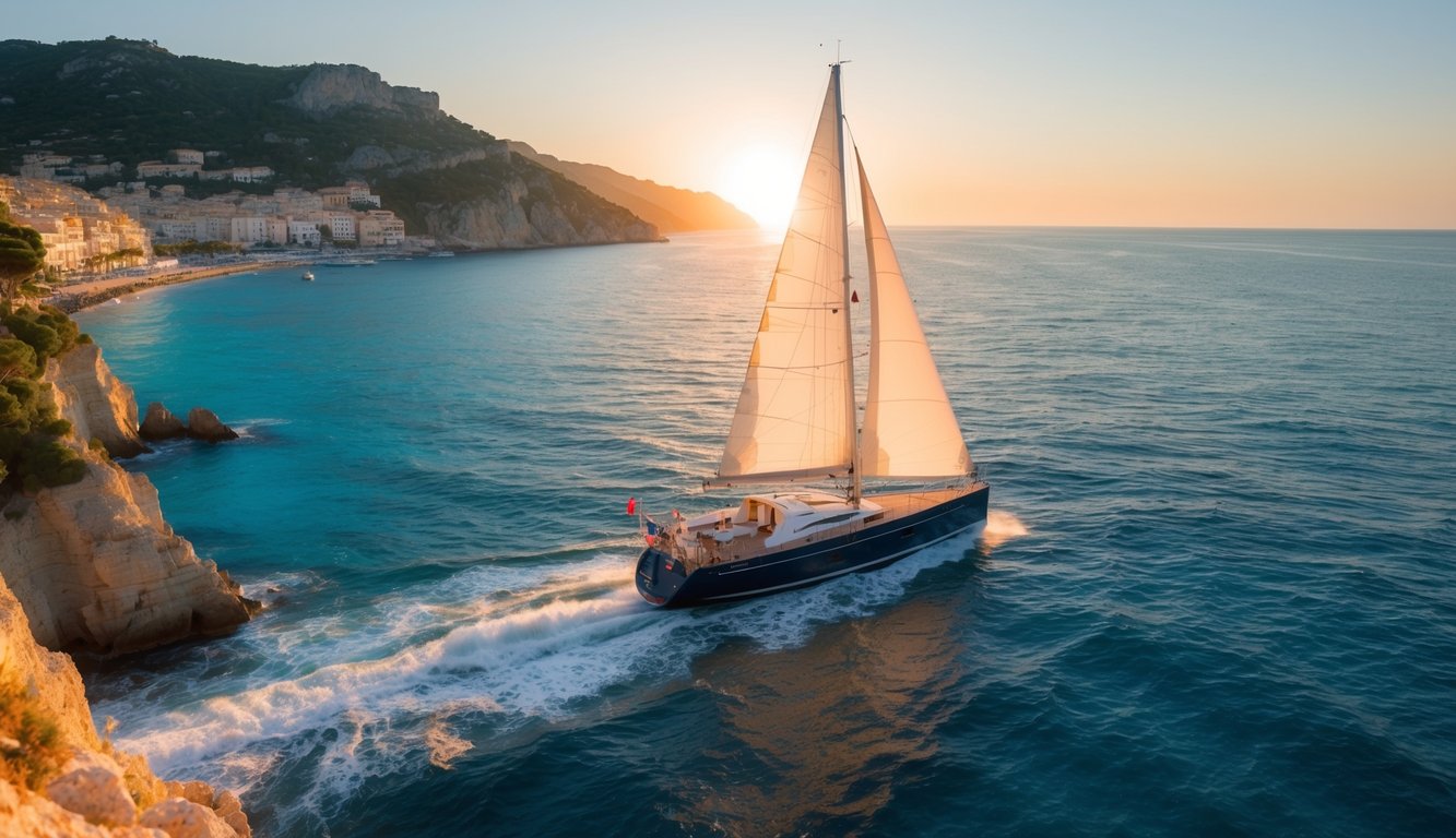 A sailboat glides through the azure waters of the French Riviera, passing by charming coastal towns and rocky cliffs, with the sun setting behind the picturesque Mediterranean landscape