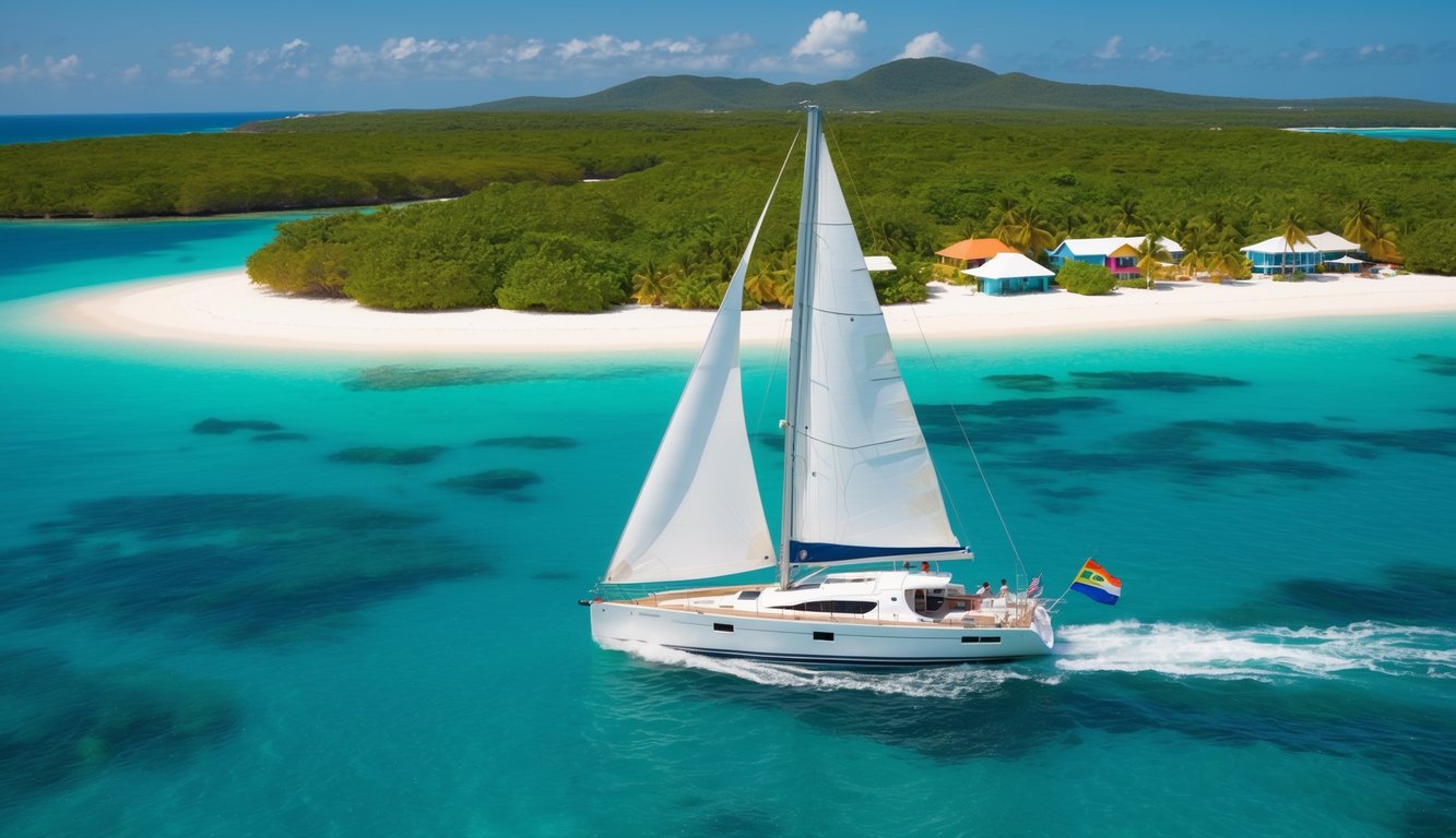 A sailboat glides through crystal-clear waters, passing lush green islands with white sandy beaches and colorful Caribbean architecture