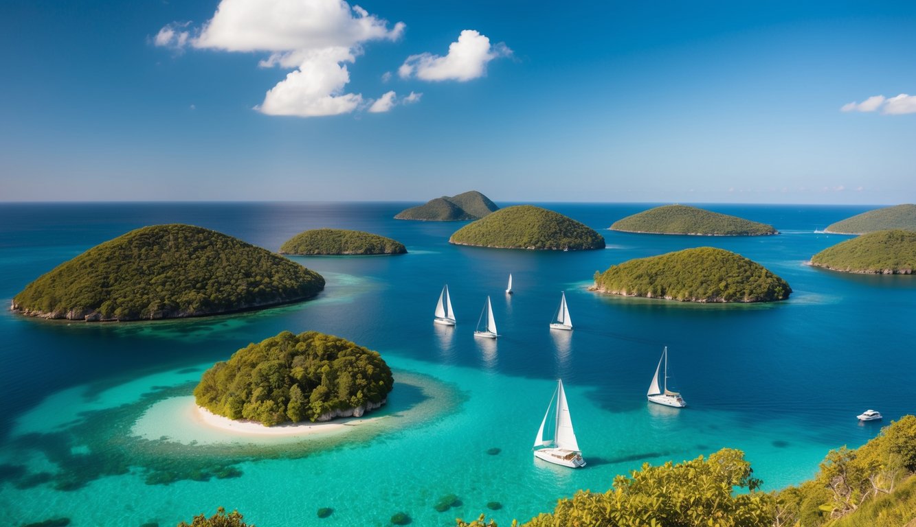 Crystal clear waters surround a cluster of lush, green islands, with sailboats gliding through the calm sea, under a bright blue sky
