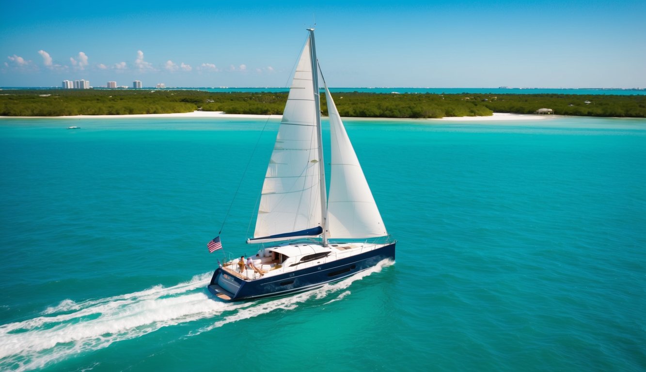 A sailboat glides through the turquoise waters of Biscayne Bay, passing by lush green islands and white sandy beaches. The sun shines brightly in the clear blue sky as the boat heads towards the top destinations in the Florida Keys