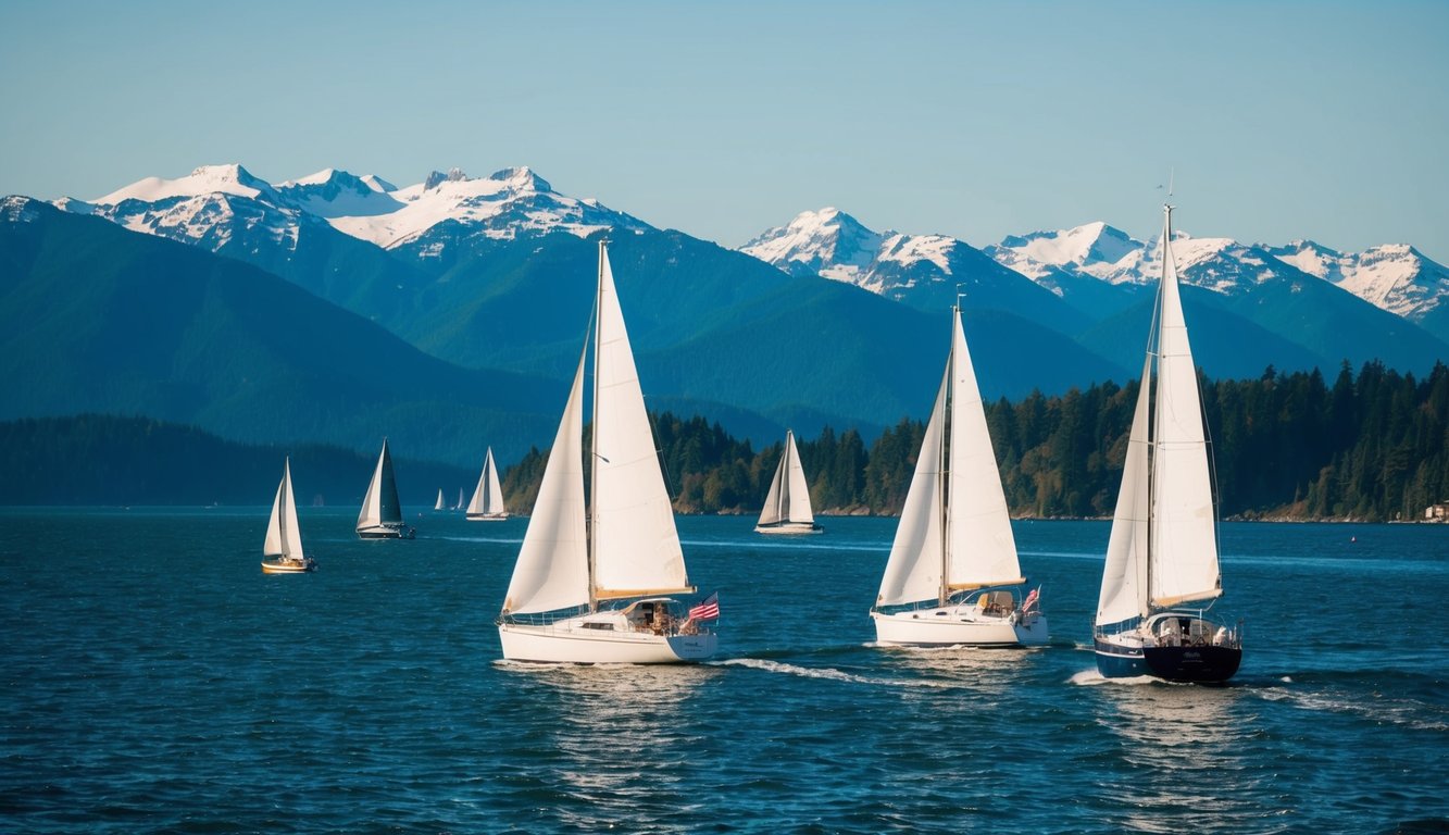 Sailboats navigate through Puget Sound, passing by lush green islands and snow-capped mountains under a clear blue sky