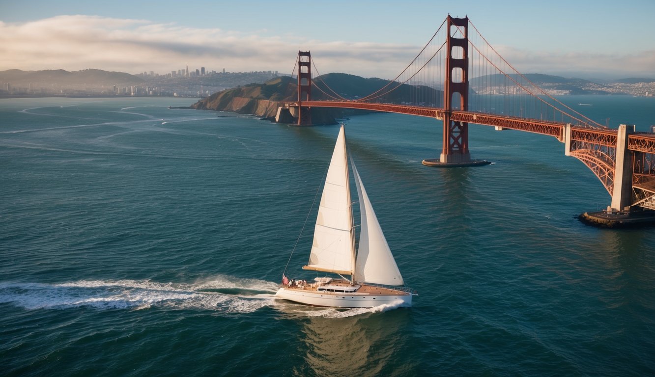A sailboat glides through San Francisco Bay, passing under the iconic Golden Gate Bridge, heading towards the vast expanse of the Delta
