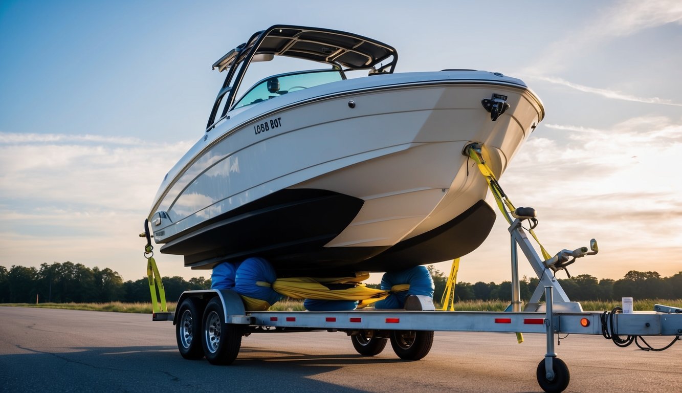A jet boat being loaded onto a trailer with proper tie-down straps and protective padding, avoiding common shipping mistakes