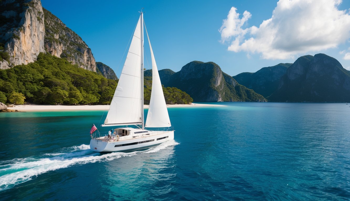 A sailboat glides through crystal-clear waters, passing lush green islands with pristine beaches and towering granite cliffs, under a vibrant blue sky