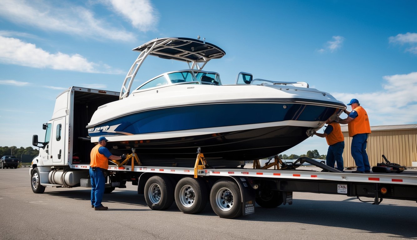A jet boat being loaded onto a truck, with workers securing it with proper restraints and checking for any loose parts