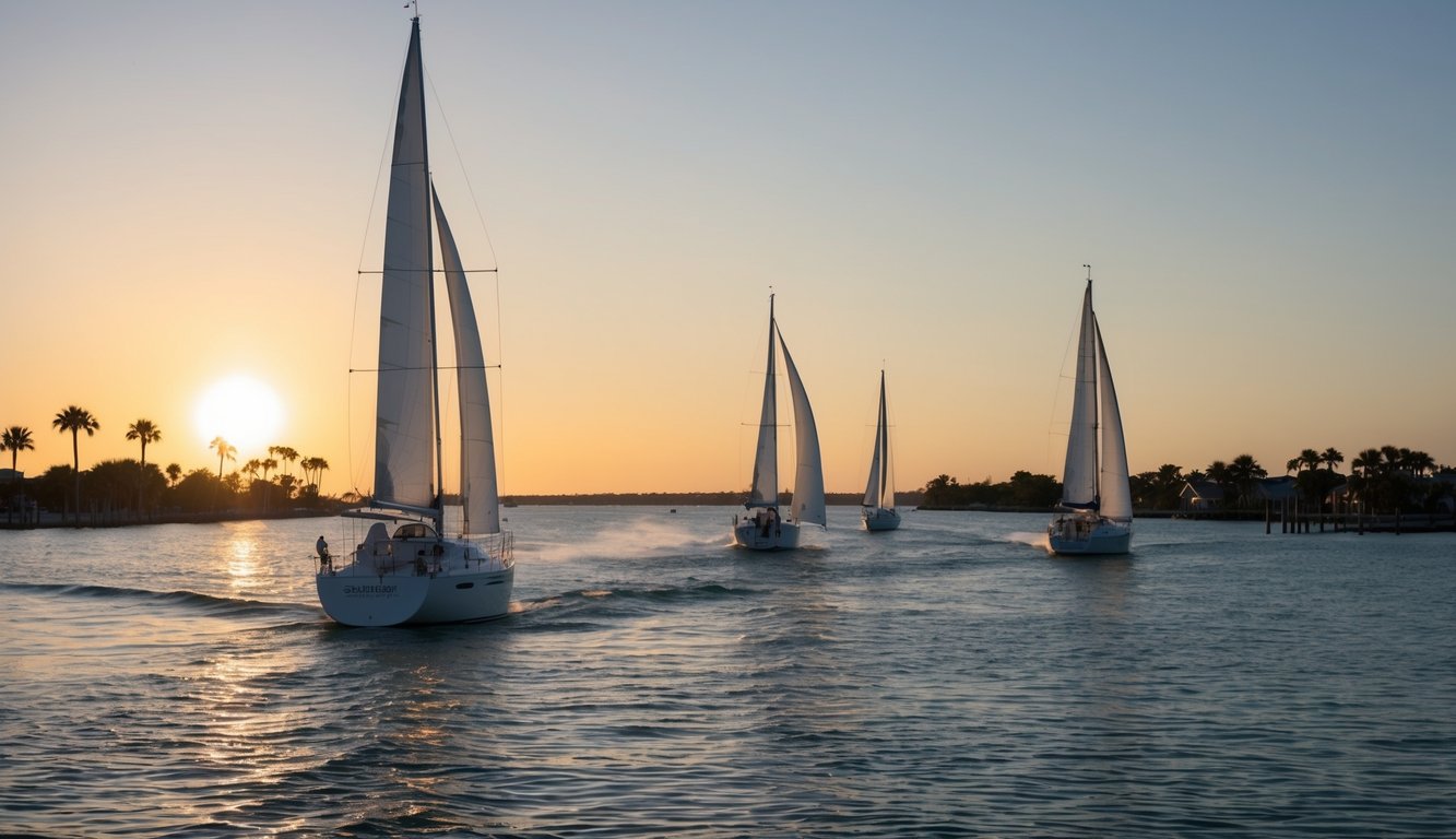 Sailboats cruise through calm Gulf waters, passing Sarasota's coastline and heading towards Ft. Meyers. The sun sets behind palm-lined shores, creating a picturesque backdrop for a tranquil journey